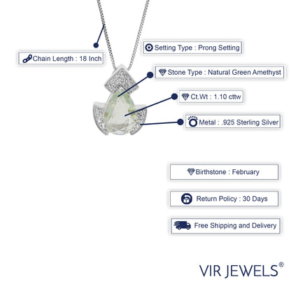 1.10 cttw Green Amethyst Pendant Necklace .925 Sterling Silver 9x6 MM Pear