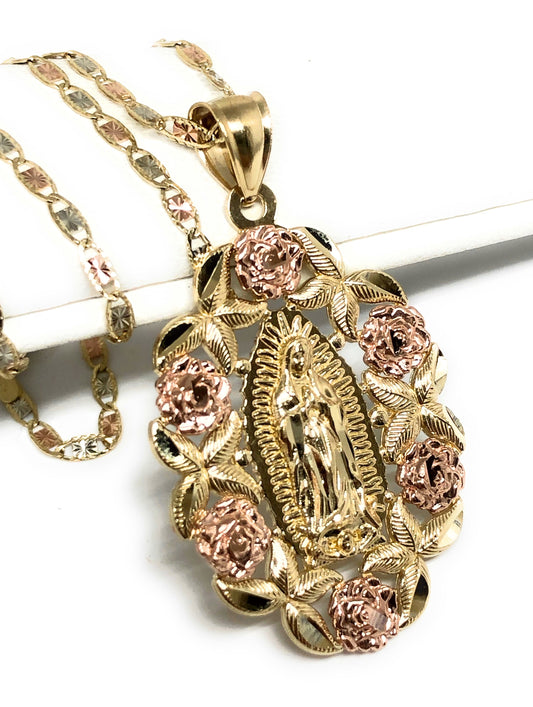 10k Solid Gold Yellow & Rose Gold Virrgin Mary Flower Pendant Necklace Virrgen Gaudalupe Valentina Chain (LG)