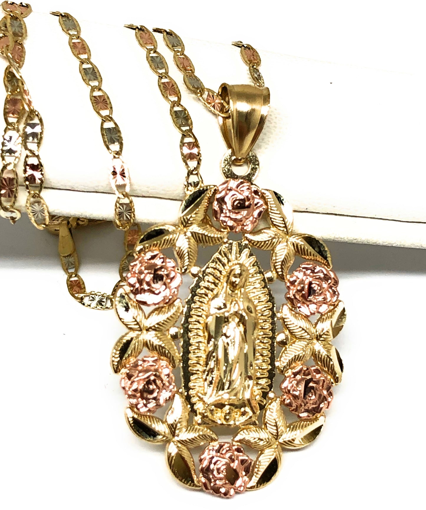 10k Solid Gold Yellow & Rose Gold Virrgin Mary Flower Pendant Necklace Virrgen Gaudalupe Valentina Chain (LG)