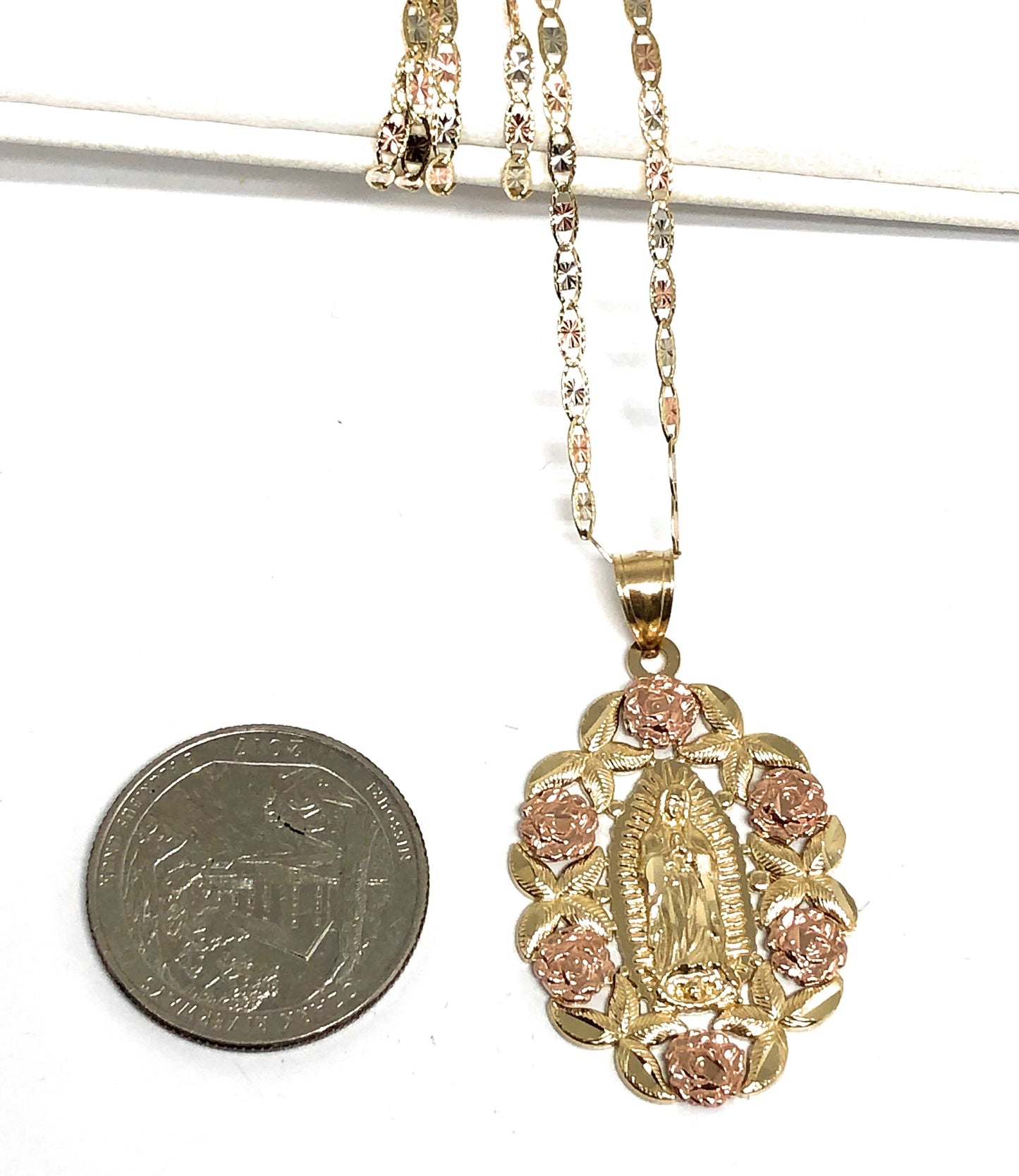 10k Solid Gold Yellow & Rose Gold Virrgin Mary Flower Pendant Necklace Virrgen Gaudalupe Valentina Chain (LG)