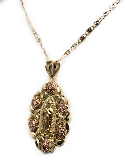 10k Solid Gold Yellow & Rose Gold Virrgin Mary Flower Pendant Necklace Virrgen Gaudalupe Valentina Chain (LG)