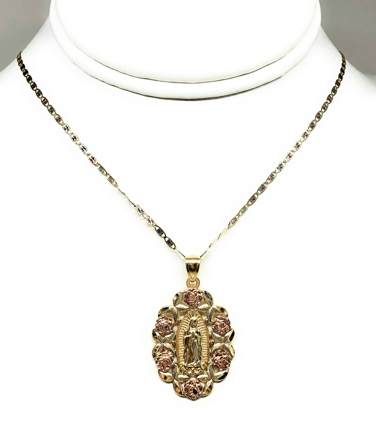 10k Solid Gold Yellow & Rose Gold Virrgin Mary Flower Pendant Necklace Virrgen Gaudalupe Valentina Chain (LG)