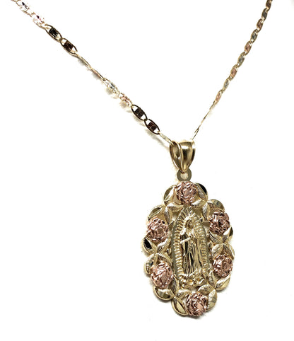 10k Solid Gold Yellow & Rose Gold Virrgin Mary Flower Pendant Necklace Virrgen Gaudalupe Valentina Chain (LG)